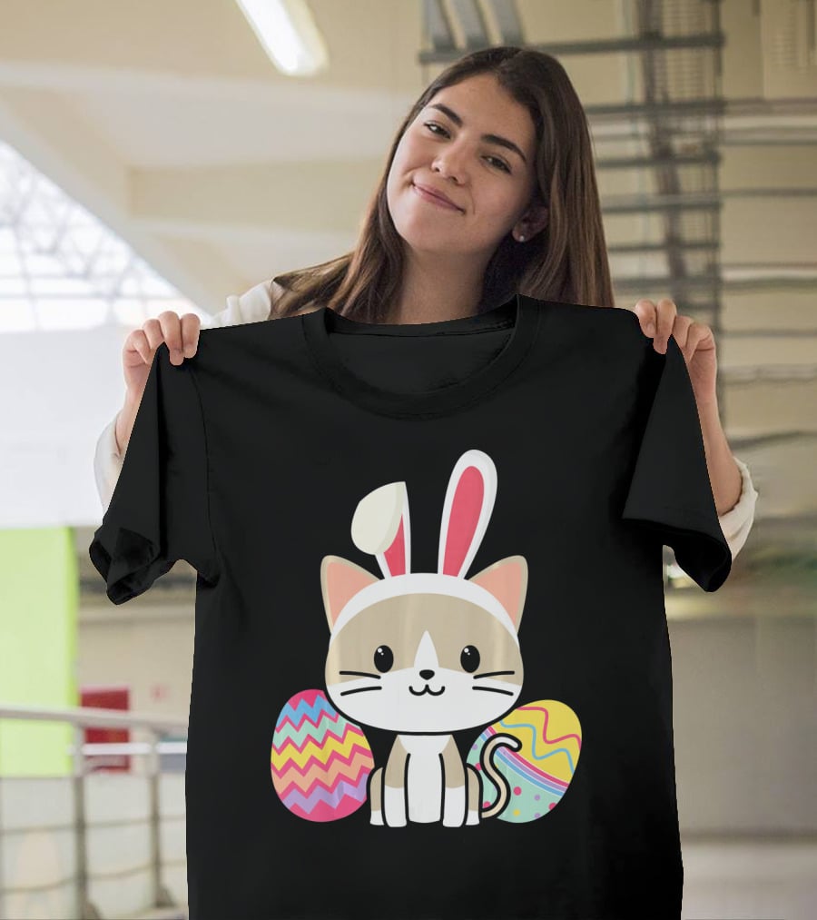 Easter Cat With Bunny Ears And Colorful Easter Eggs T-Shirt