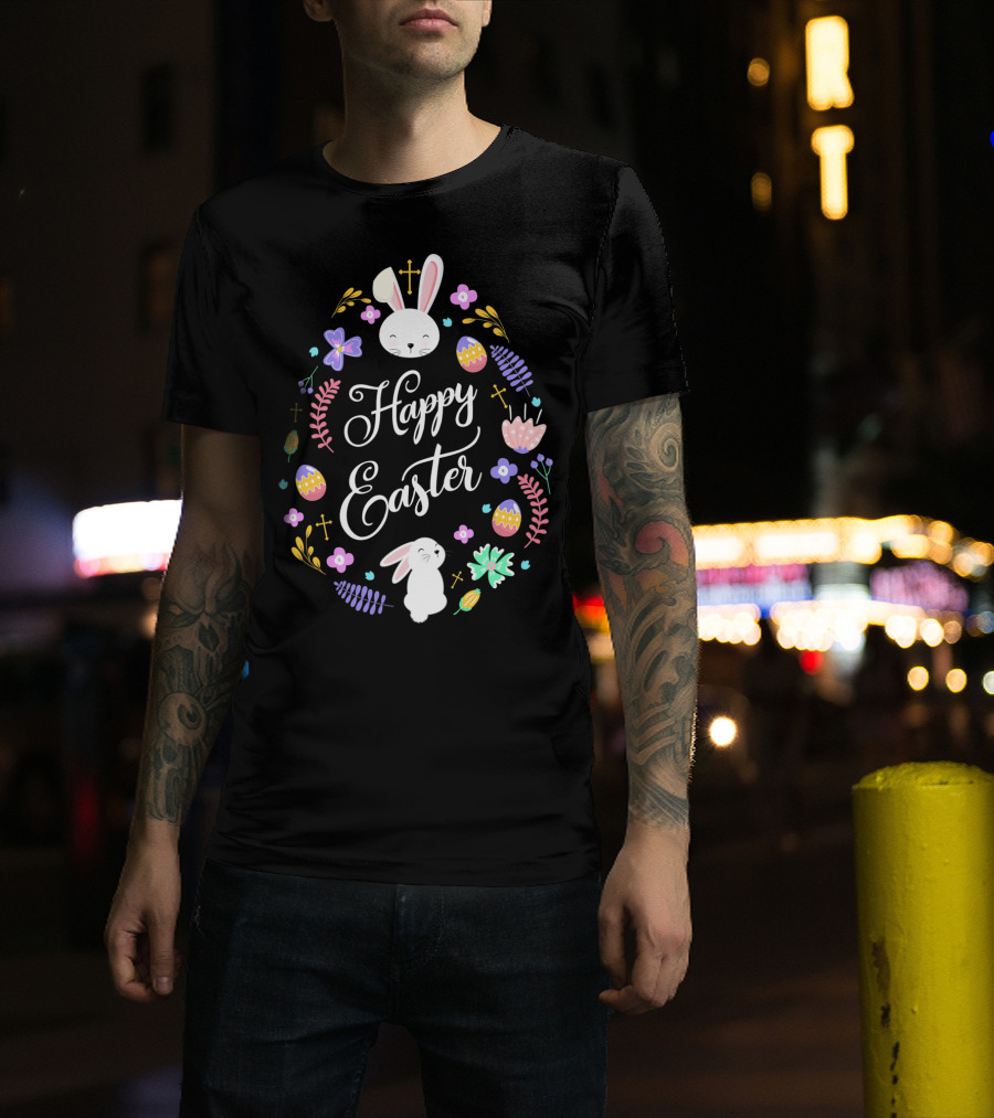 Happy Easter Christian Bunny Eggs Flowers Crosses T-Shirt