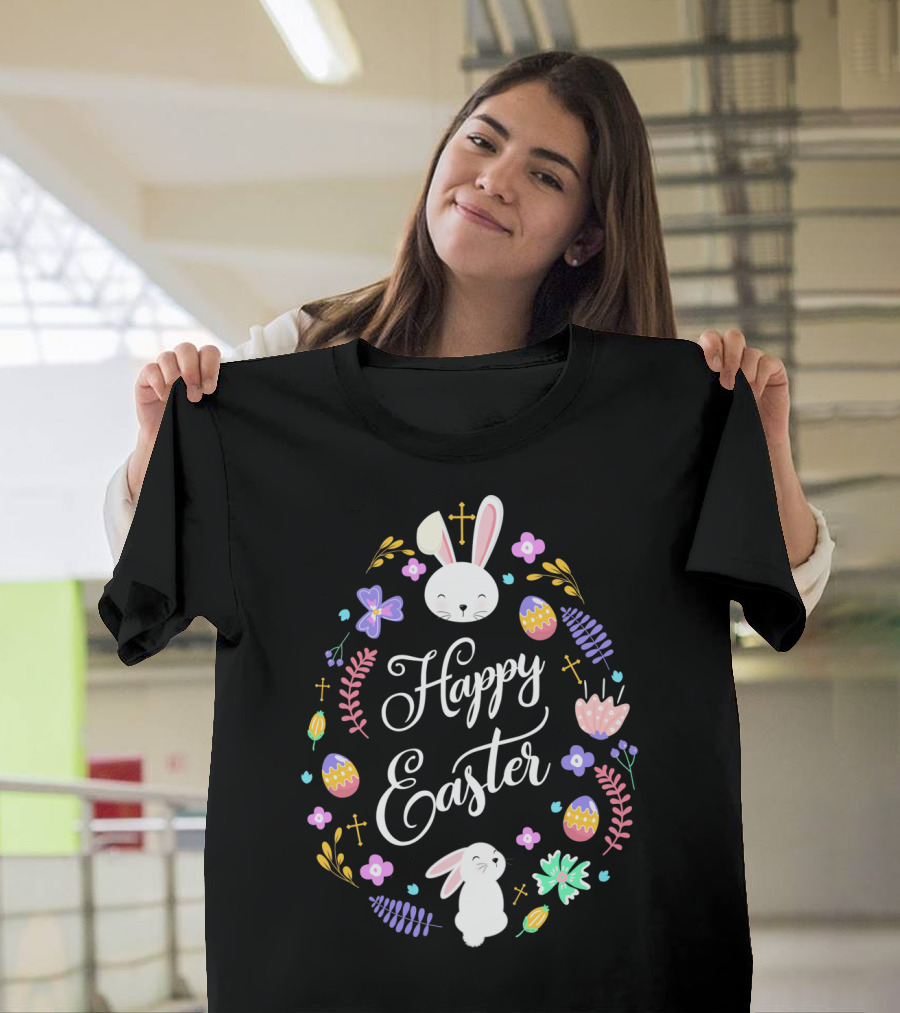 Happy Easter Christian Bunny Eggs Flowers Crosses T-Shirt