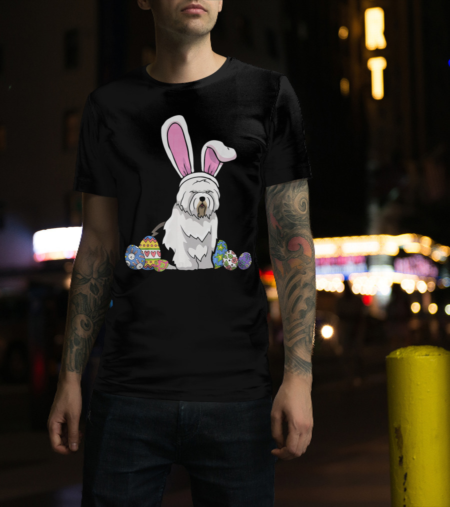Old English Sheepdog Dressed As Easter Bunny With Colorful Eggs T-Shirt