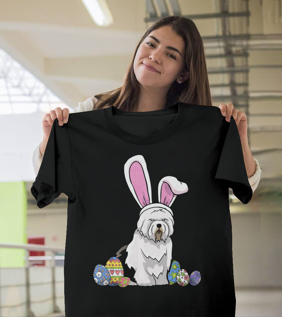 Old English Sheepdog Dressed as Easter Bunny with Colorful Eggs T-Shirt