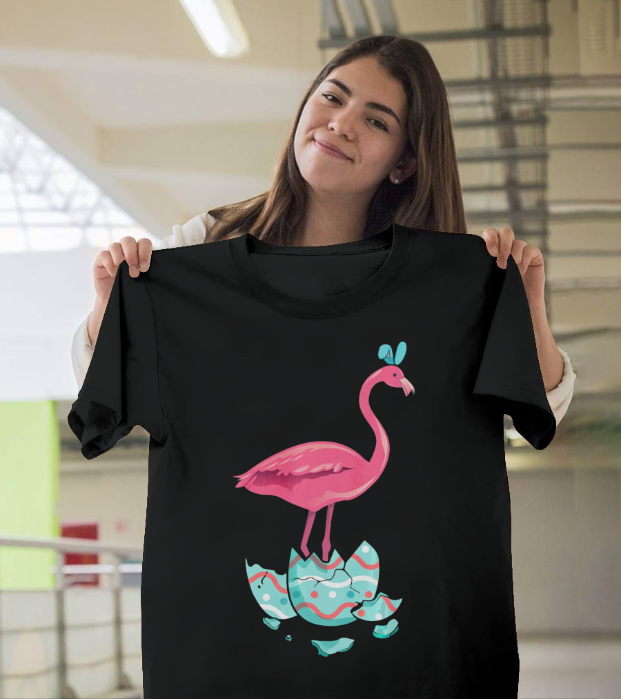 Funny Pink Flamingo on Easter Egg Bun with Bow T-Shirt