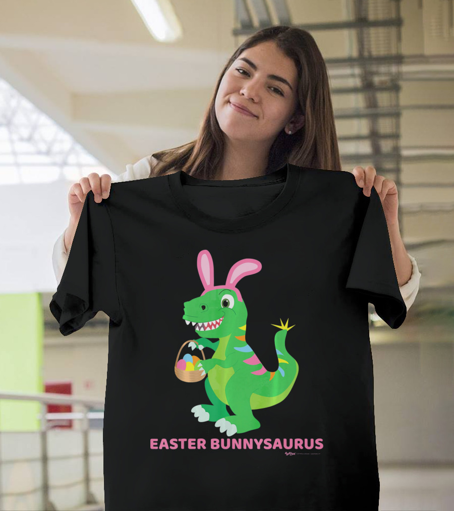 Easter Bunnysaurus Dinosaur with Bunny Ears and Egg Basket T-Shirt