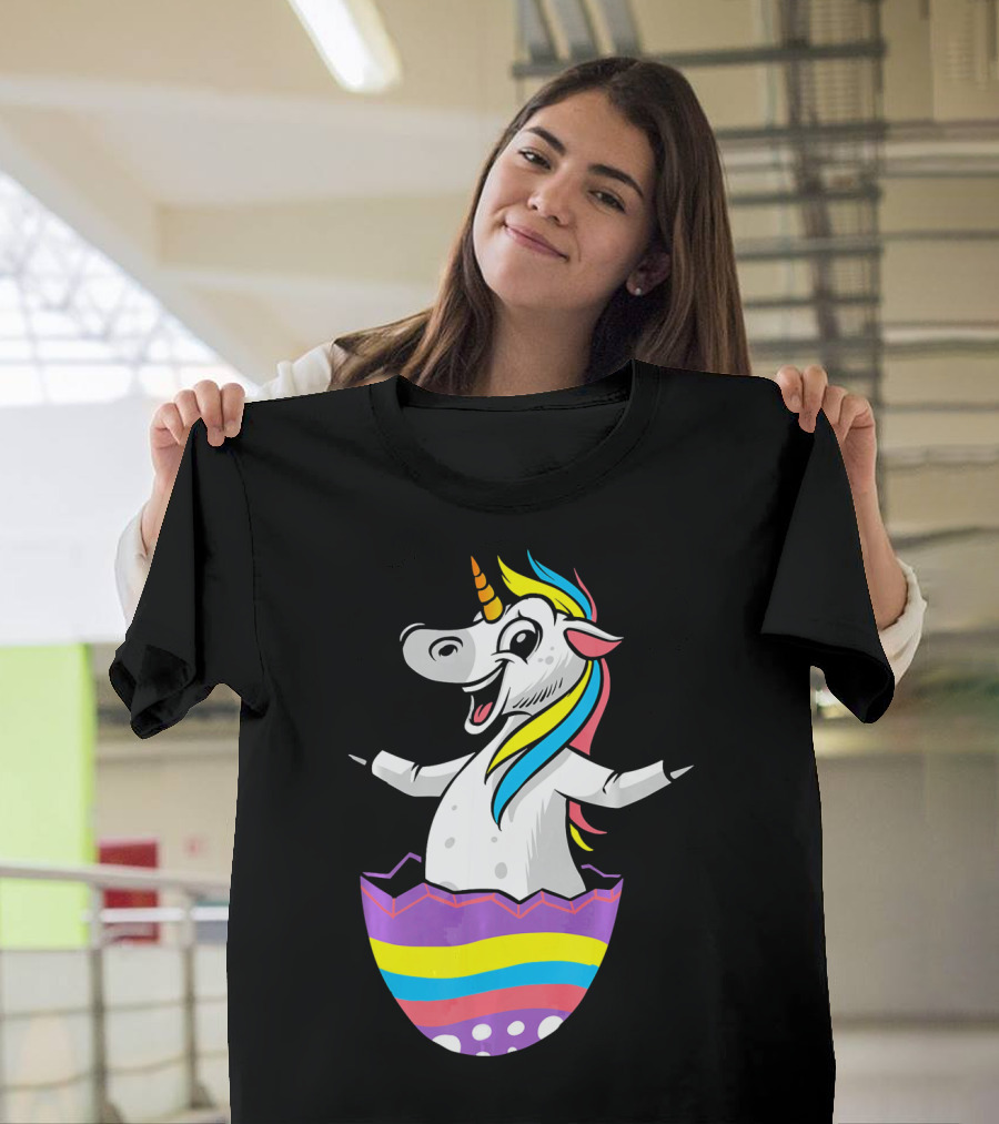 Easter Unicorn in Colorful Striped Egg T-Shirt
