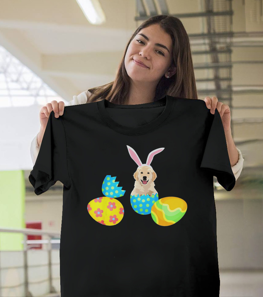 Labrador in Easter Eggs with Bunny Ears and Colorful T-Shirt