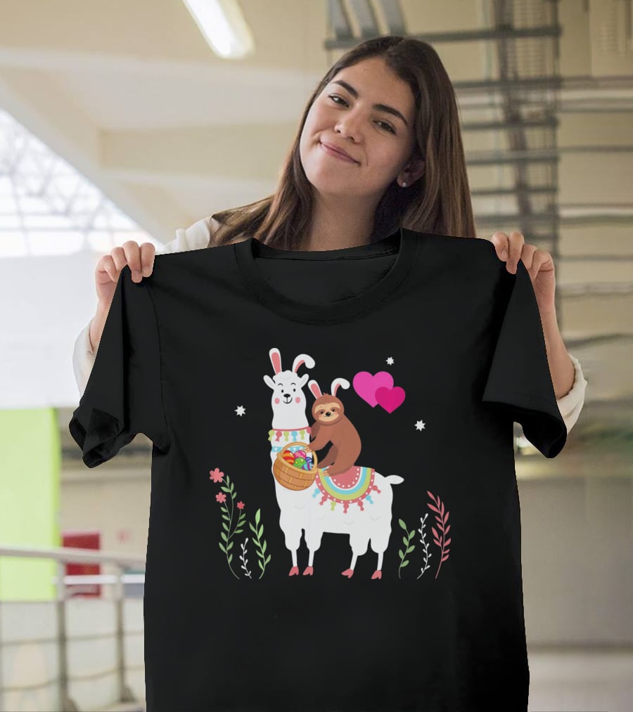 Sloth With Basket On Llama Wearing Easter Bunny Ears With Hearts And Flowers T-Shirt