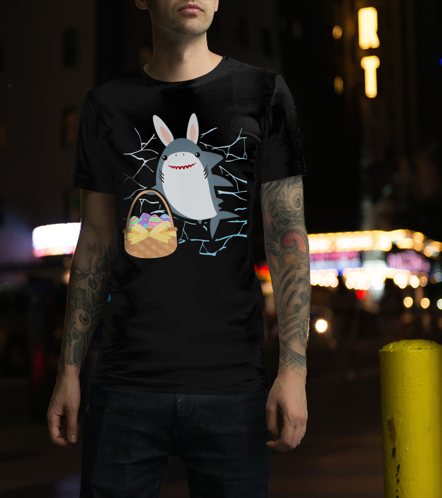 Easter Bunny Shark With Basket Of Eggs And Funny Expression T-Shirt