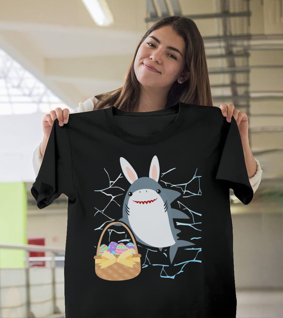 Easter Bunny Shark With Basket Of Eggs And Funny Expression T-Shirt