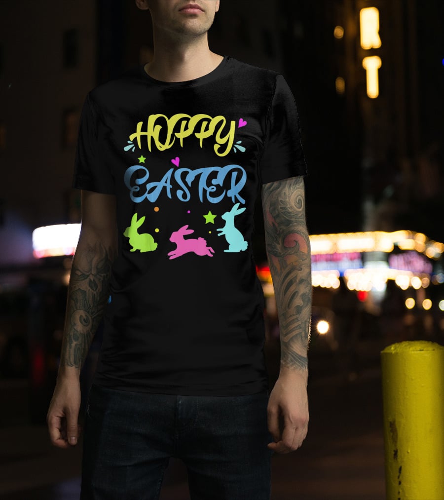 Hoppy Easter Novelty Orthodox Colorful Bunny Silhouettes With Hearts And Stars T-Shirt