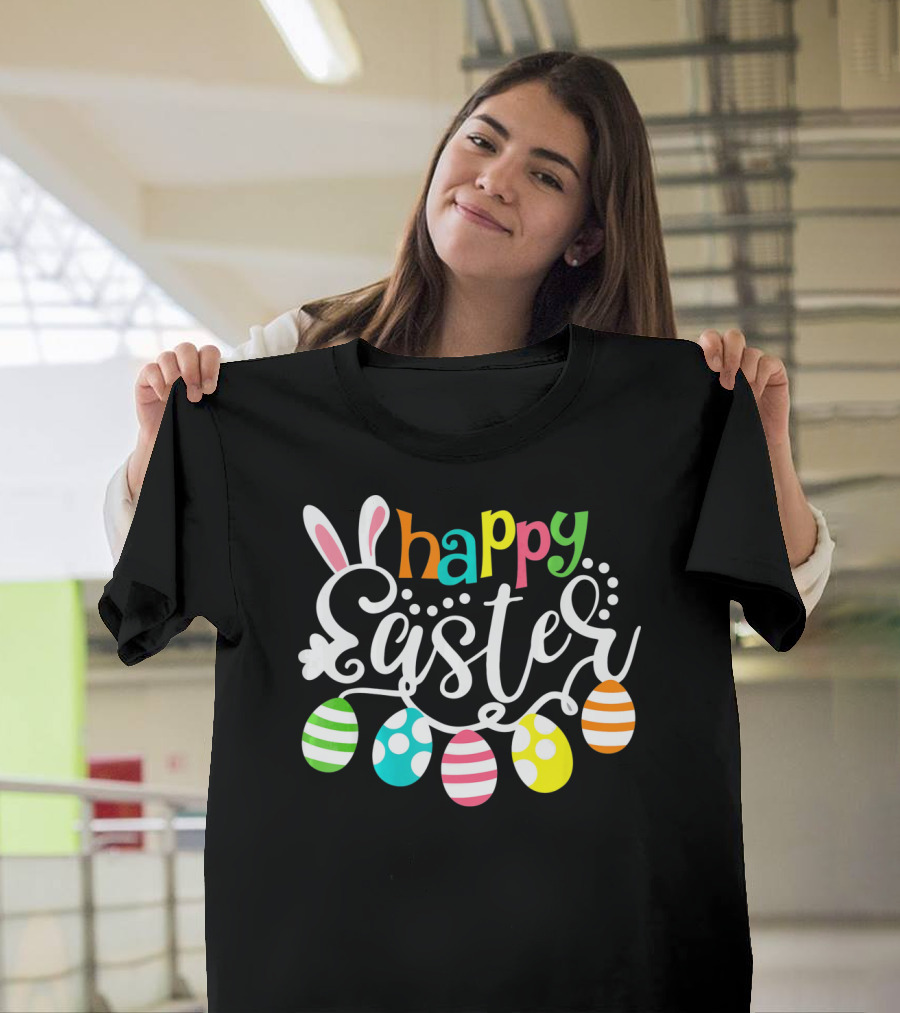 Happy Easter Cute Bunny And Colorful Easter Egg Garland T-Shirt