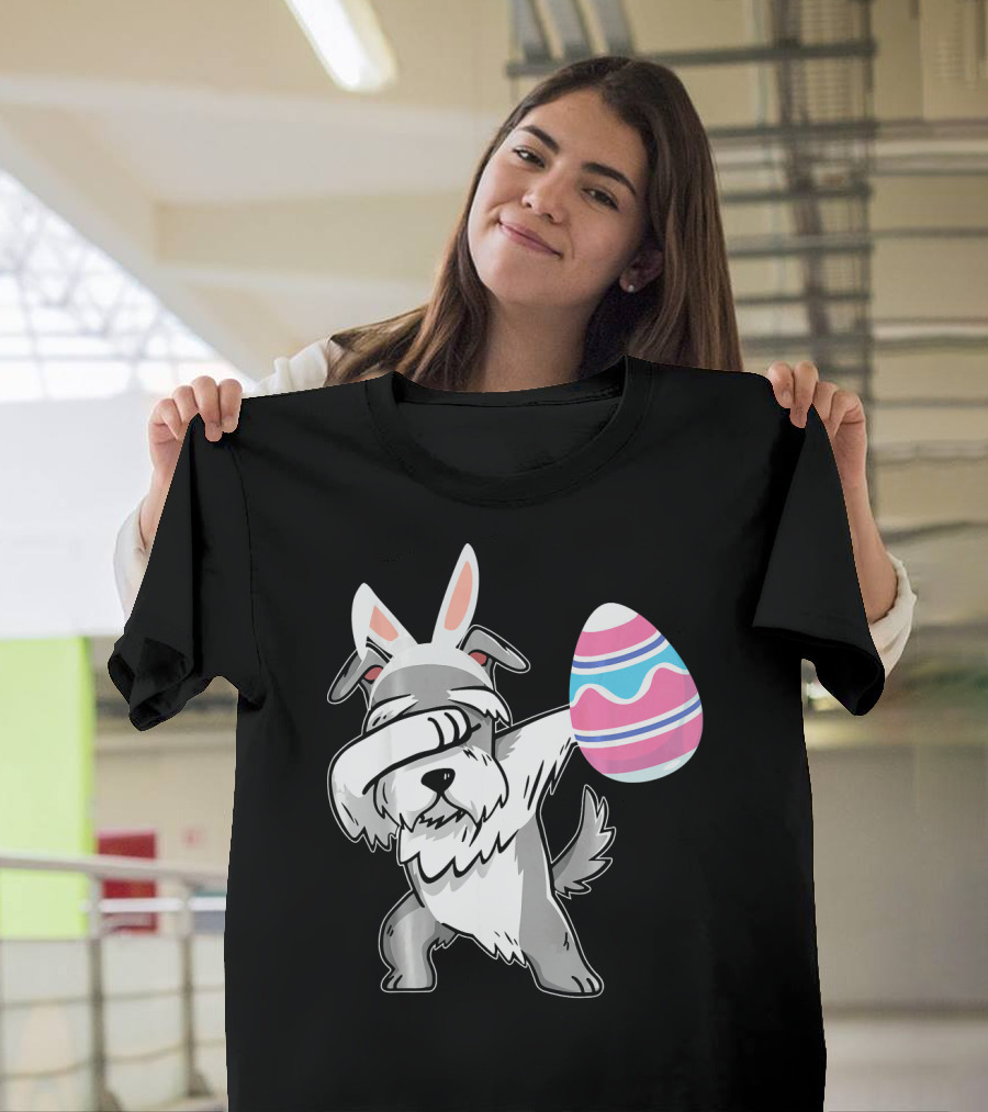 Easter Bunny Ears Schnauzer Dog Dabbing with Colorful Egg T-Shirt