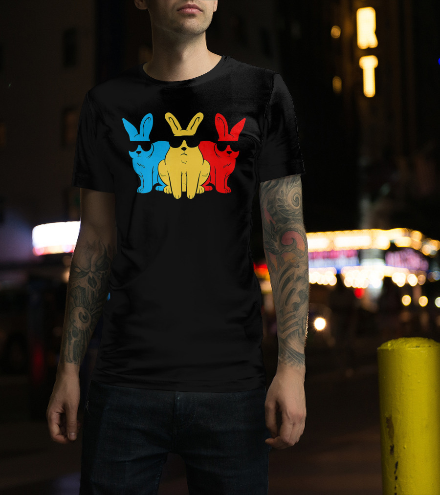 Hip Trio Bunnies Shades Funny Hipster Blue Yellow Red T-Shirt