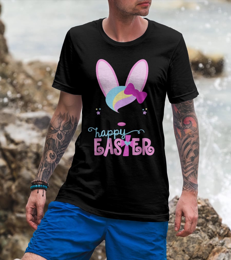 HAPPY EASTER Bunny Face Girls Bow Stars Colorful Ears T-Shirt