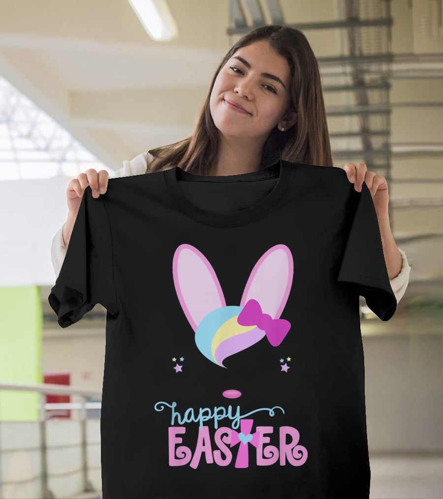 HAPPY EASTER Bunny Face Girls Bow Stars Colorful Ears T-Shirt