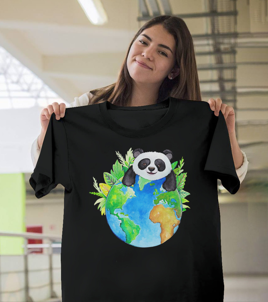 Cute Earth Panda Bear With Green Foliage T-Shirt