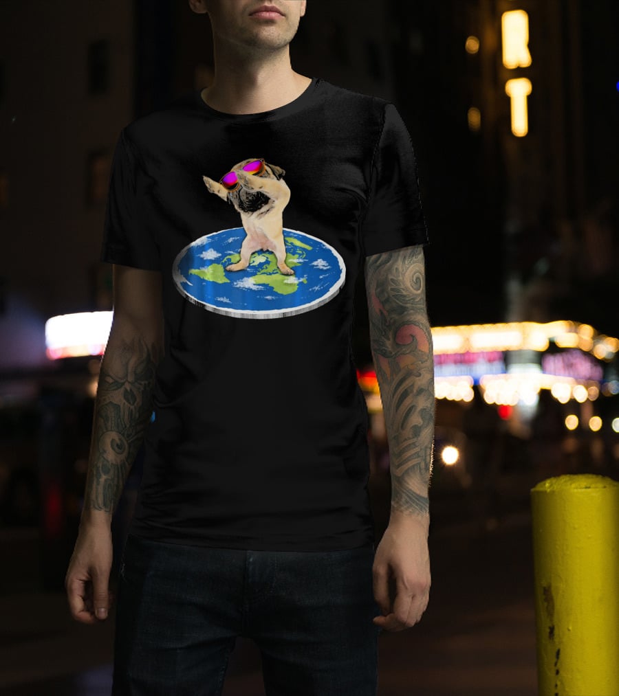Flat Earth Pug Dabbing With Sunglasses On World Map T-Shirt