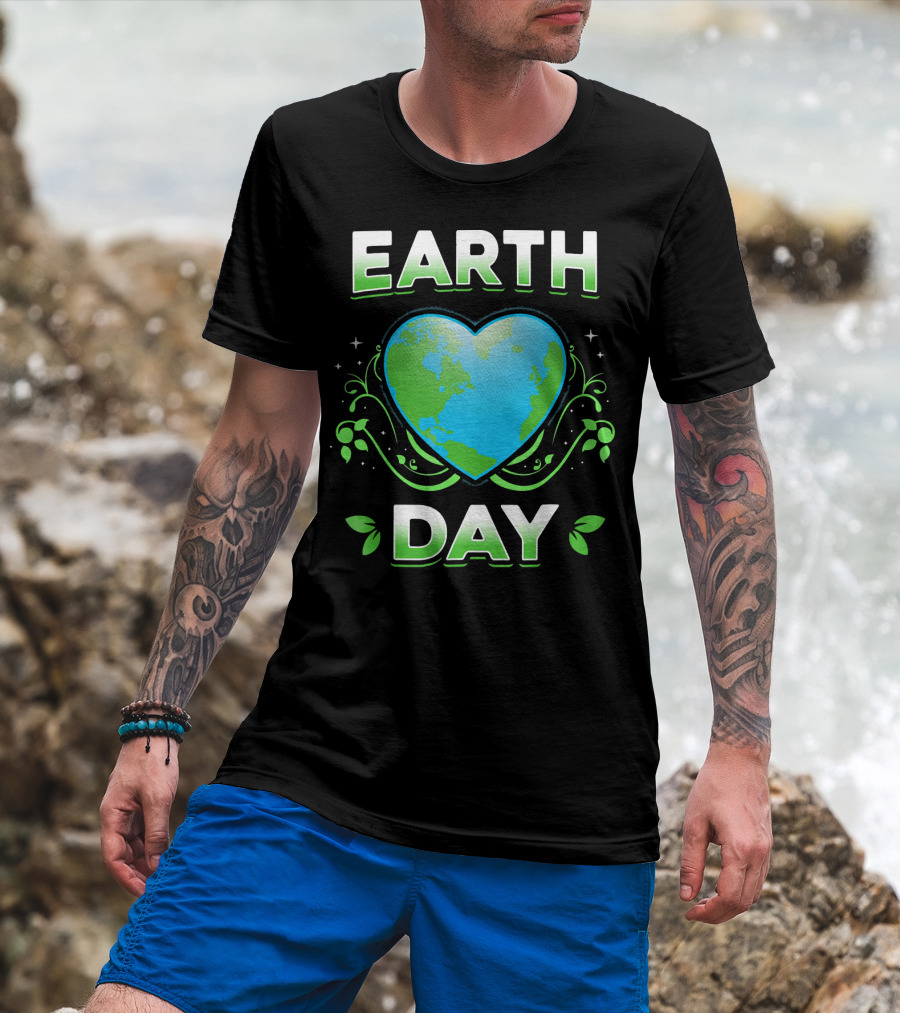 Earth Day Heart With Green Leaves And Swirls T-Shirt