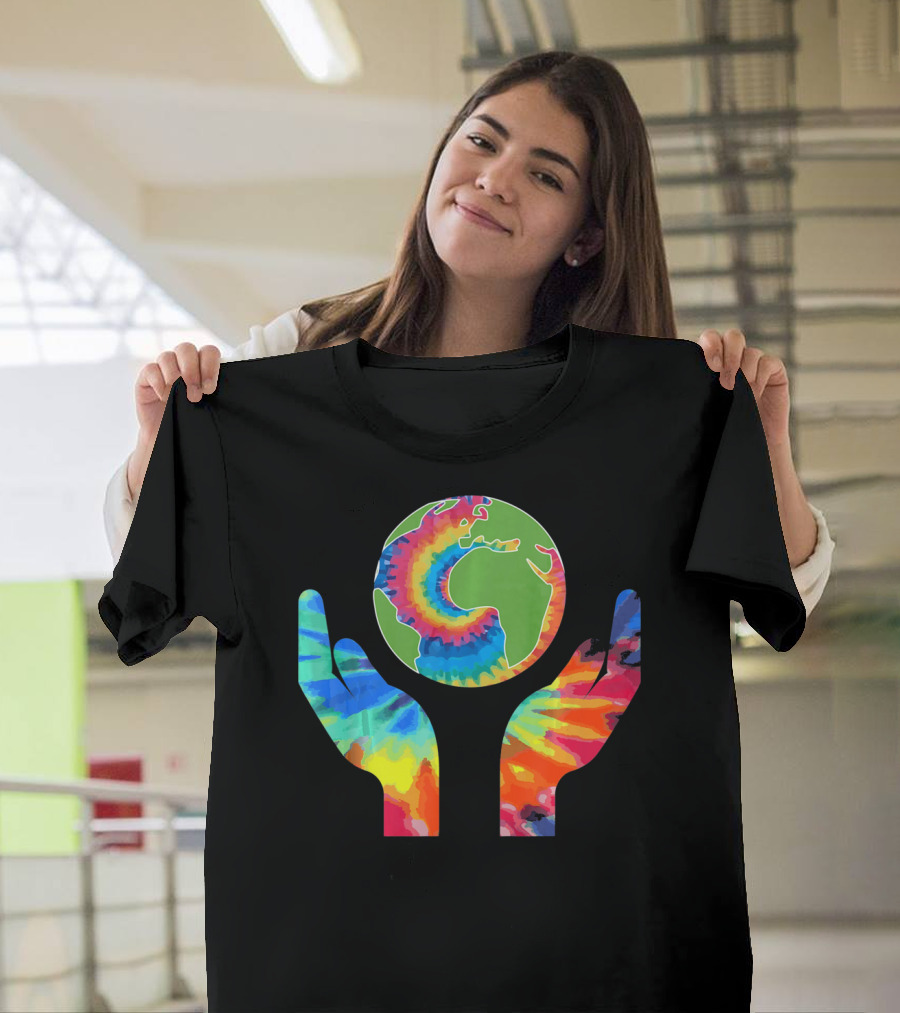 Earth Day Tie-Dye Hands Holding Planet Climate Change Global Warming T-Shirt