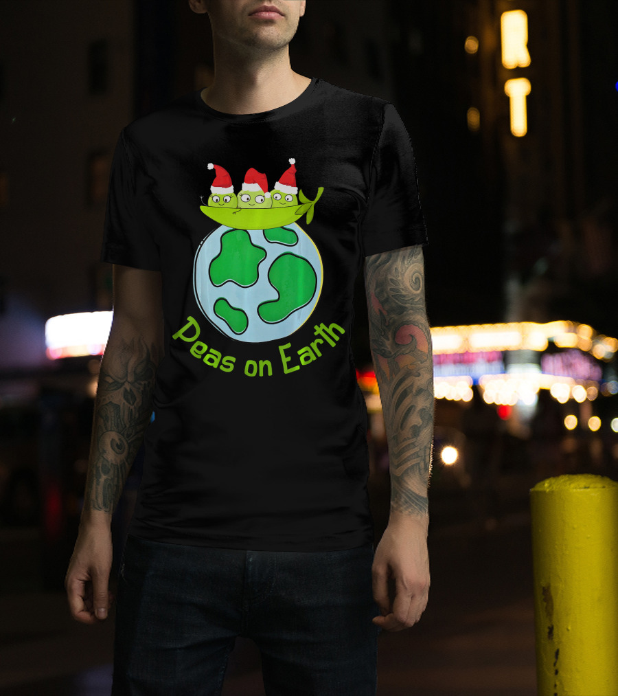 Christmas Peas On Earth With Santa Hat Vegetables On Globe T-Shirt