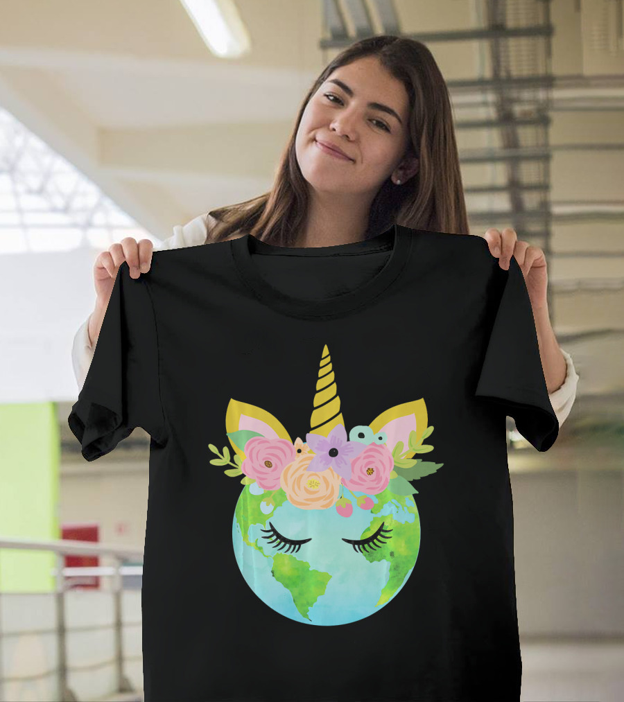 Floral Unicorn Globe for Earth Day T-Shirt