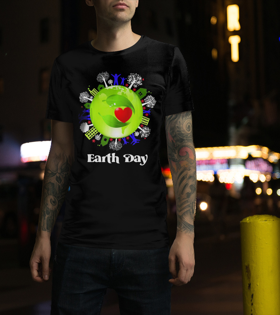 Earth Day Planet Earth Love With Leaf And Heart T-Shirt