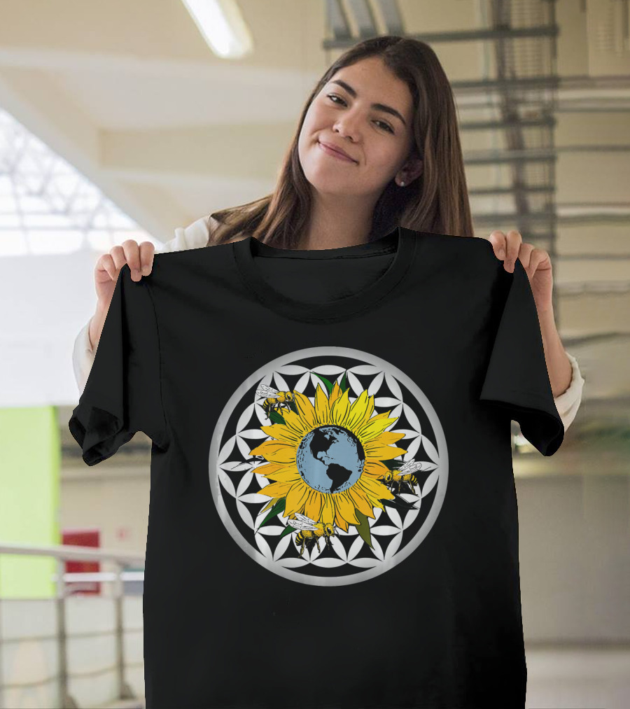Sunflower Earth With Flower Of Life And Bees T-Shirt