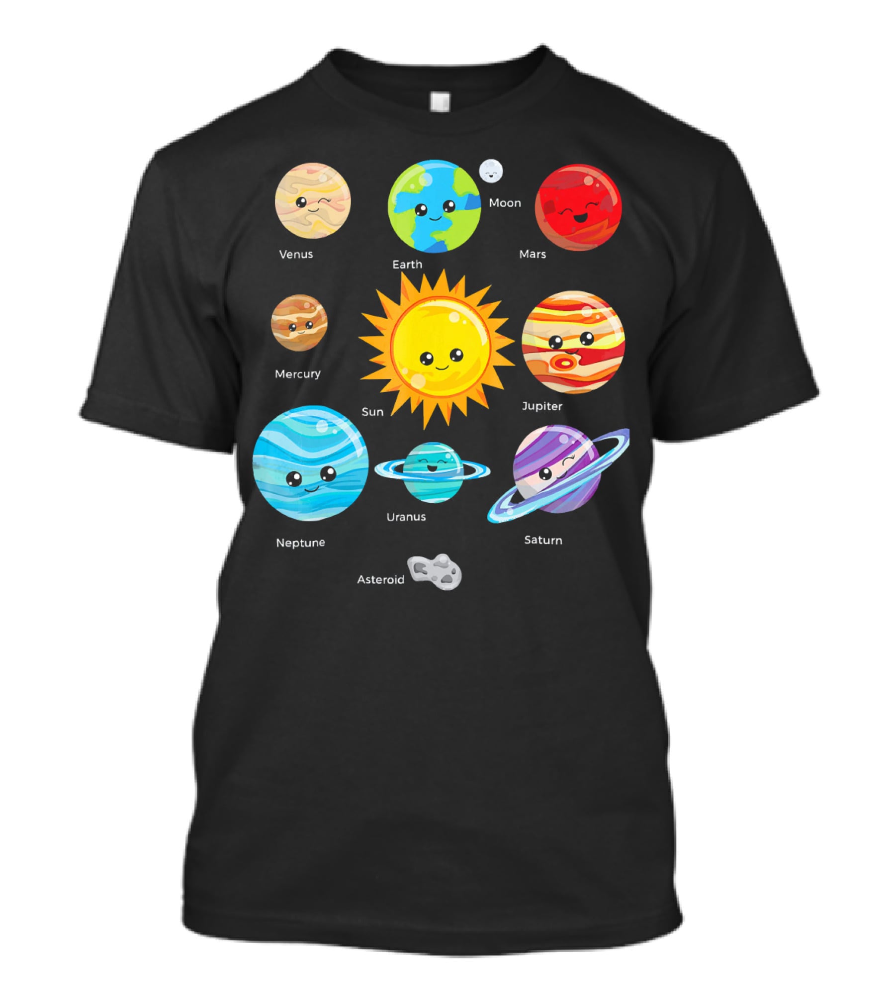 Solar System Planets Earth Moon Sun Venus Mars Mercury Jupiter Neptune Uranus Saturn Asteroid Cartoon T-Shirt