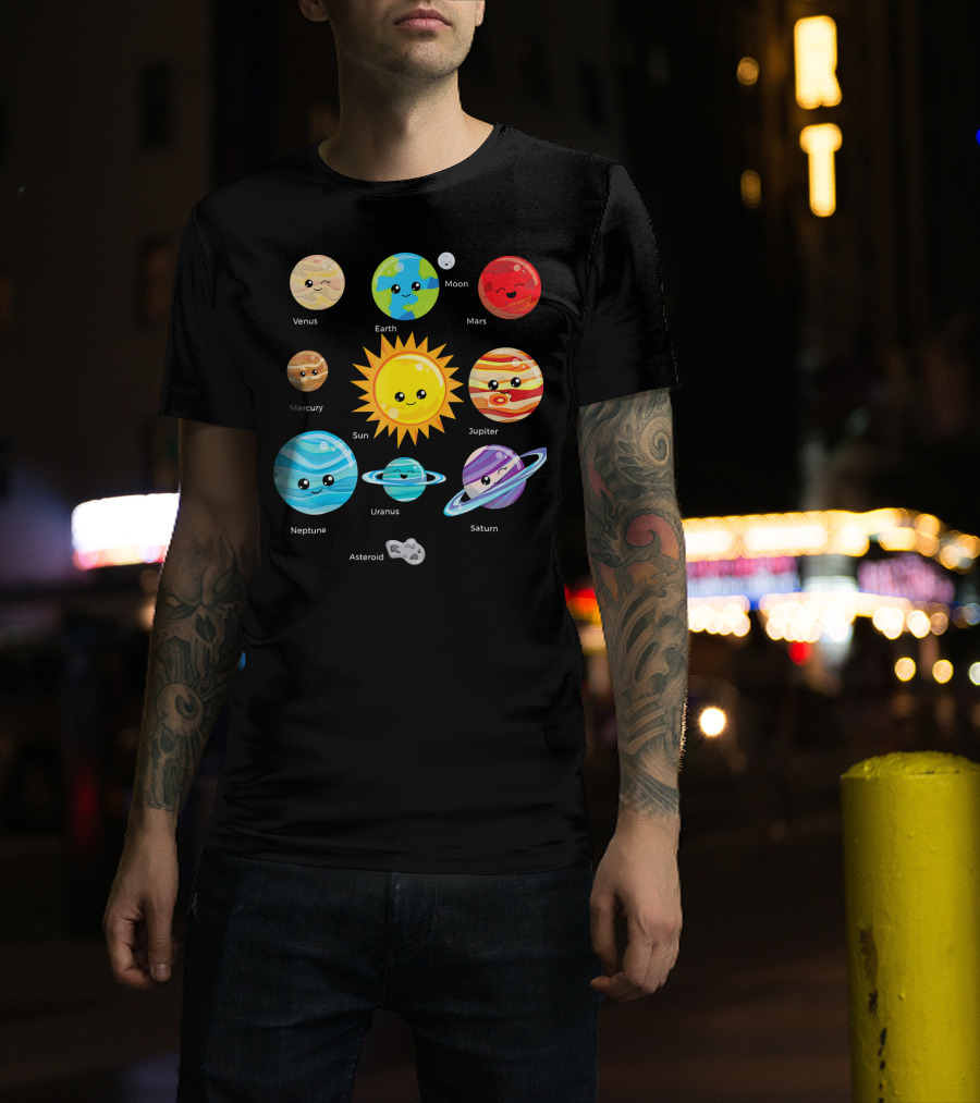Solar System Planets Earth Moon Sun Venus Mars Mercury Jupiter Neptune Uranus Saturn Asteroid Cartoon T-Shirt