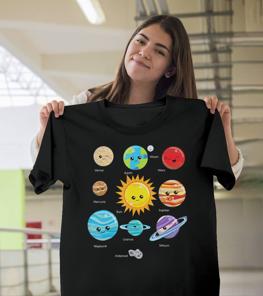 Solar System Planets Earth Moon Sun Venus Mars Mercury Jupiter Neptune Uranus Saturn Asteroid Cartoon T-Shirt