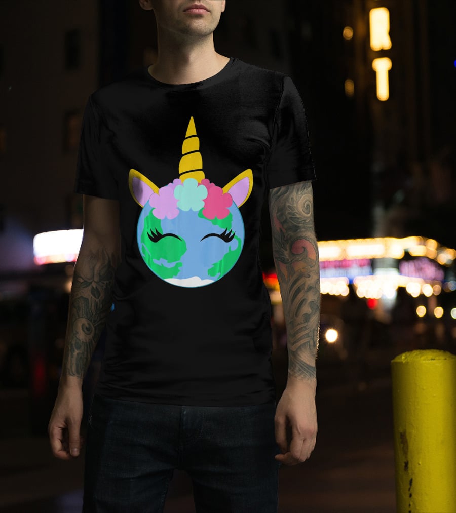 Unicorn Earth Cute Unicorn Face Earth With Flowers And Horn T-Shirt