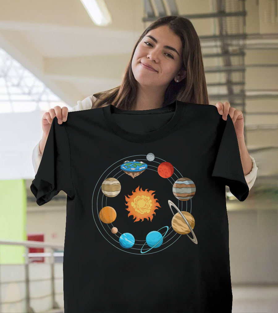 Flat Earth Joke Flat Earthers Solar System with Planets Orbiting Earth as a Disk T-Shirt
