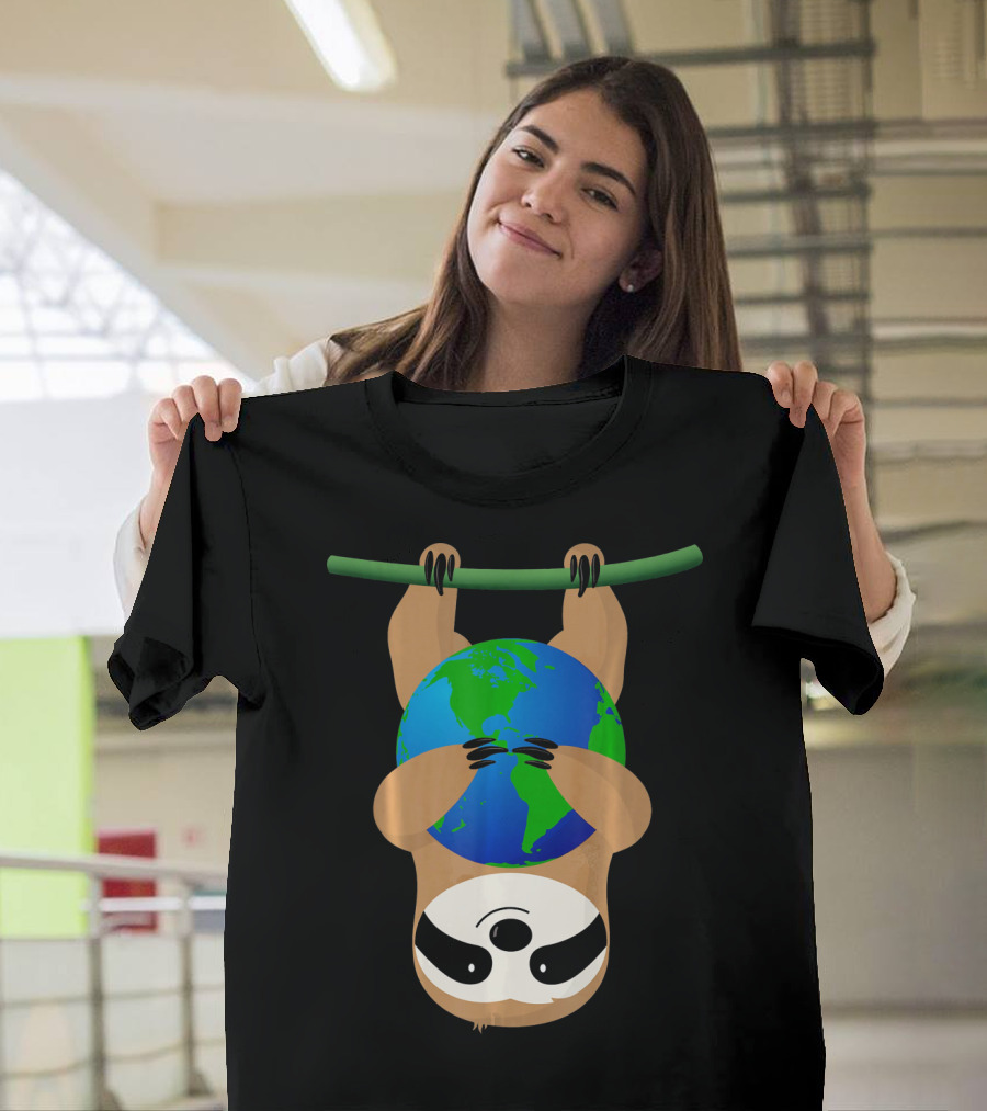 Earth Day Love The Earth Hanging Sloth Hugging Globe T-Shirt