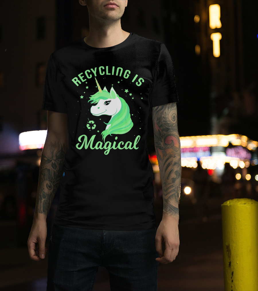 Recycling Is Magical Unicorn Earth Day Green T-Shirt