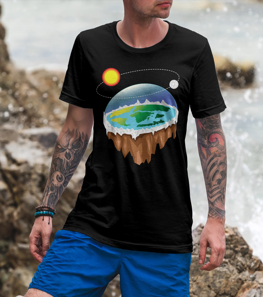 Flat Earth Ice Wall With Floating Sun And Moon Elements T-Shirt