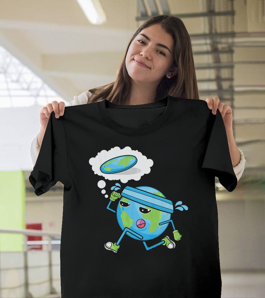 Flat Earth Gym Runner Cartoon with Sweatband and Sneakers T-Shirt