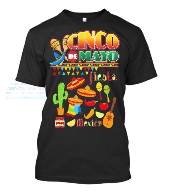 Cinco De Mayo Fiesta Mexico Cactus Sombrero Maracas Guitar Lime Chilli Peppers Icons T-Shirt