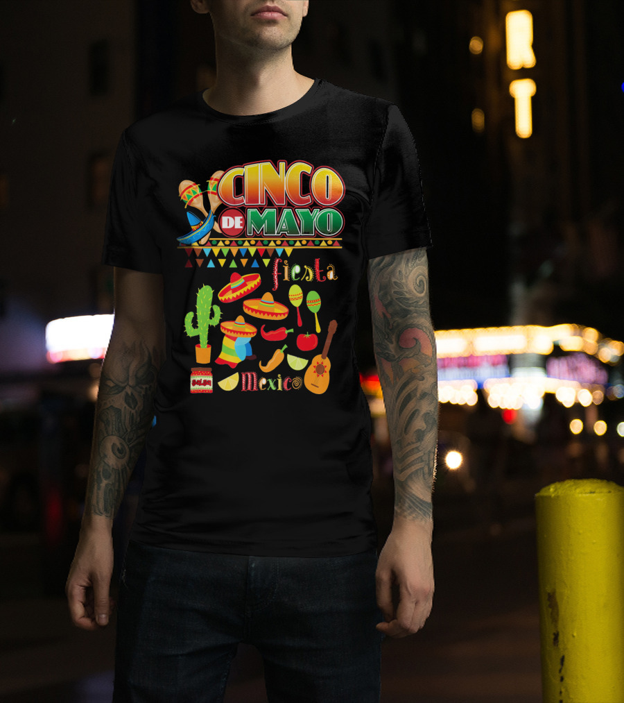 Cinco De Mayo Fiesta Mexico Cactus Sombrero Maracas Guitar Lime Chilli Peppers Icons T-Shirt