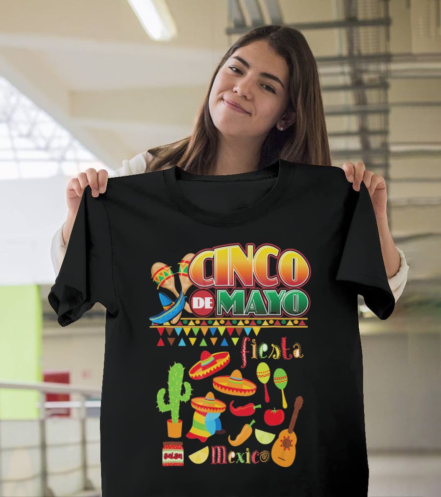 Cinco De Mayo Fiesta Mexico Cactus Sombrero Maracas Guitar Lime Chilli Peppers Icons T-Shirt