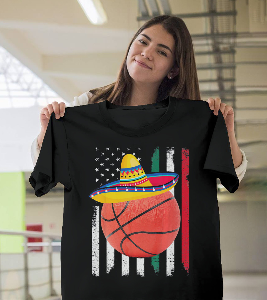 Cinco De Mayo Basketball Sombrero USA Mexico Flag T-Shirt