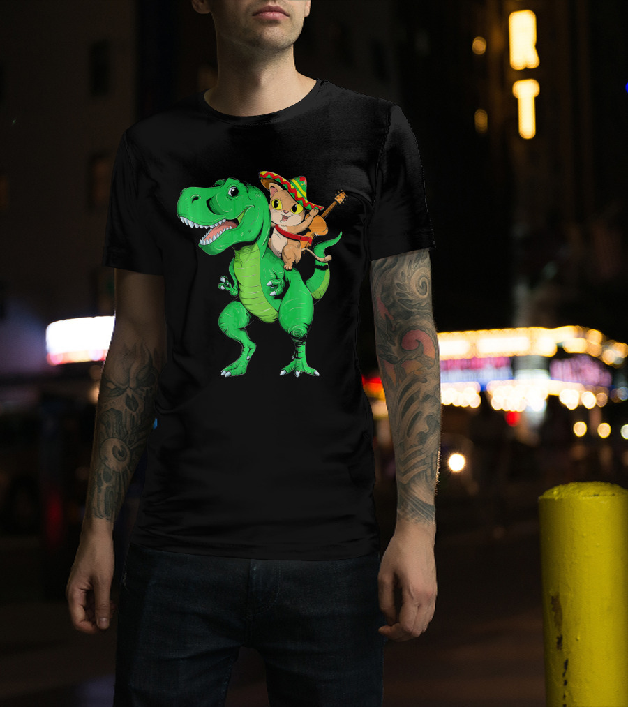 Cinco De Mayo Cat With Sombrero Riding T-Rex T-Shirt