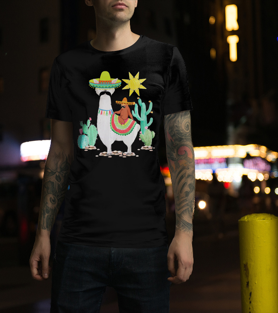 Funny Cinco De Mayo Sloth Riding Llama With Sombrero And Cactus Scene T-Shirt