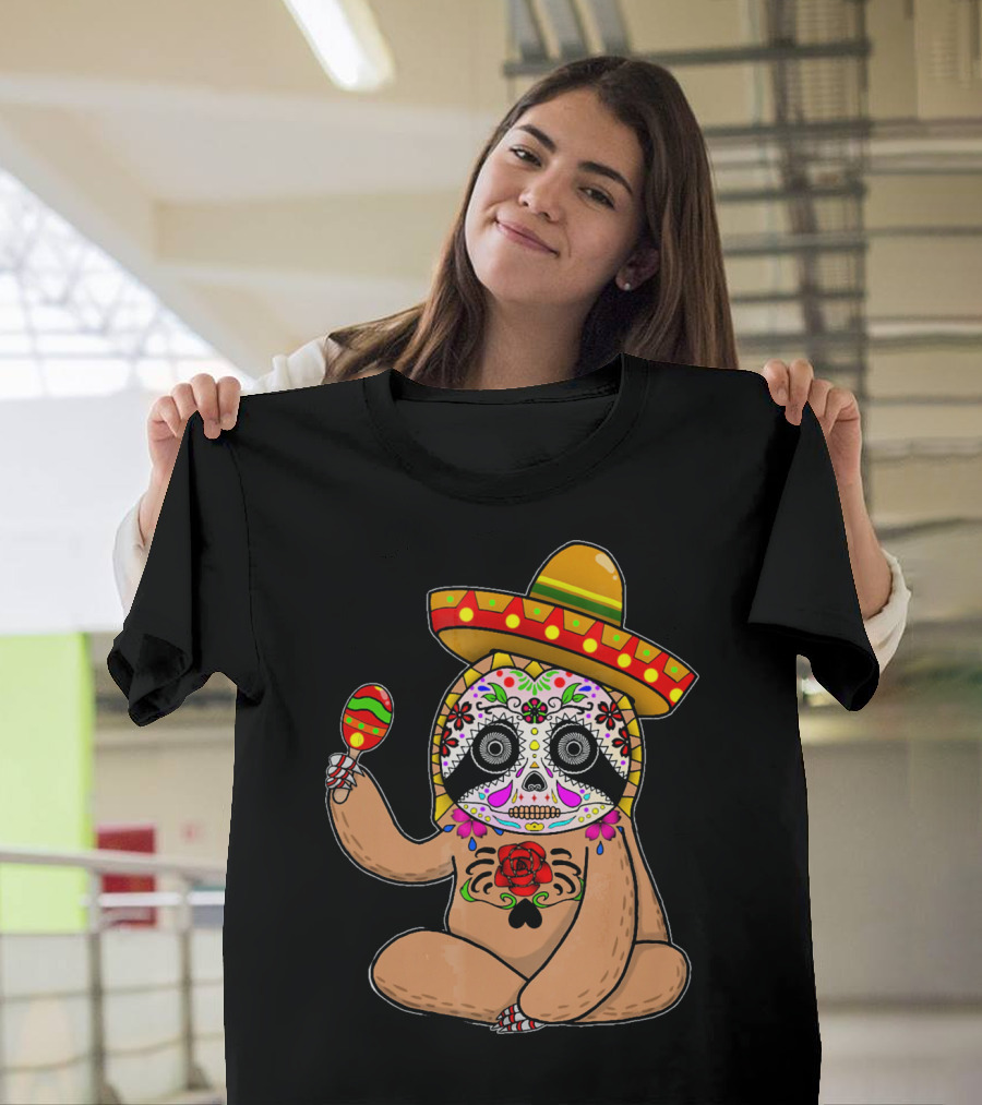 Cinco De Mayo Sloth Day Of The Dead Sombrero Maracas T-Shirt