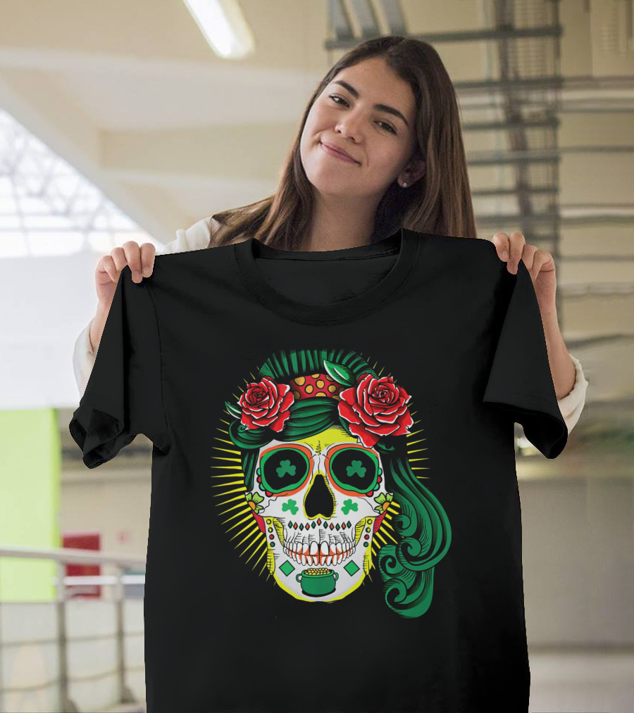 Cinco De Mayo St Patricks Day Shamrock Skull Roses T-Shirt