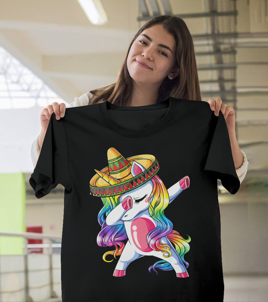 Dabbing Rainbow Unicorn with Sombrero Funny Cinco de Mayo T-Shirt