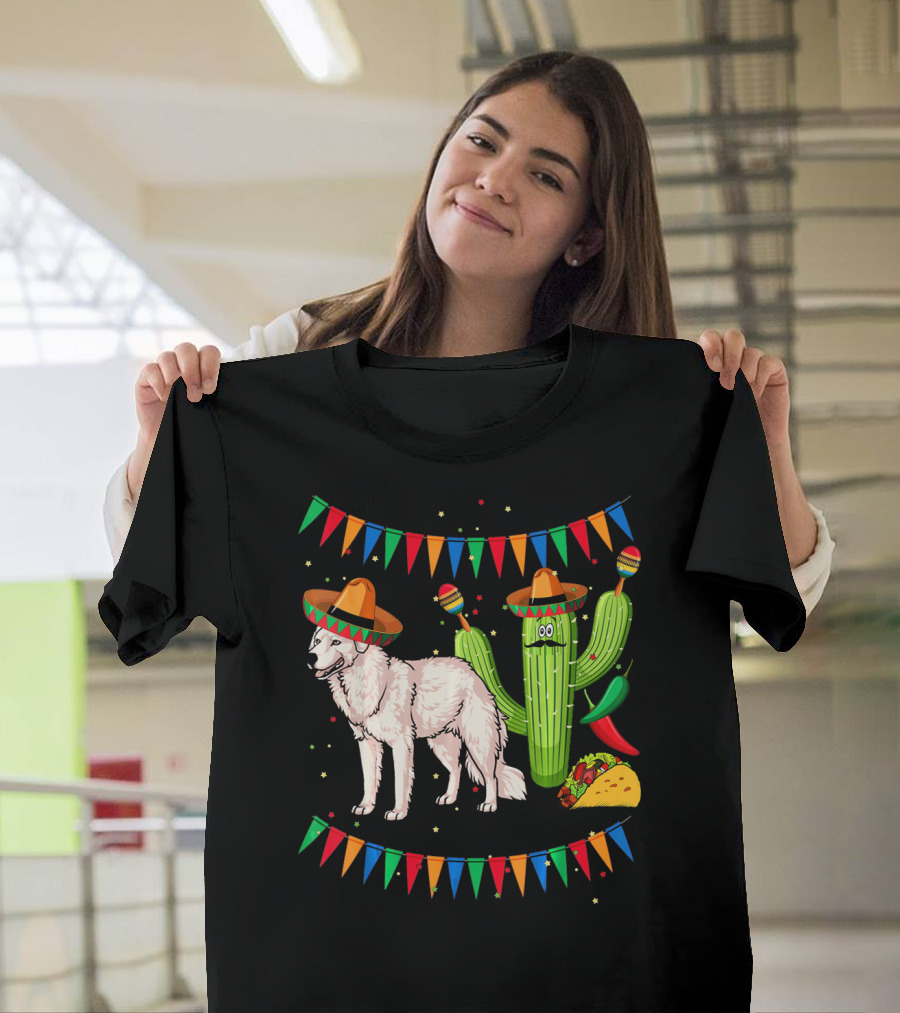 Sombrero Kuvasz Dog Mexican Fiesta With Cactus And Taco Cinco De Mayo T-Shirt