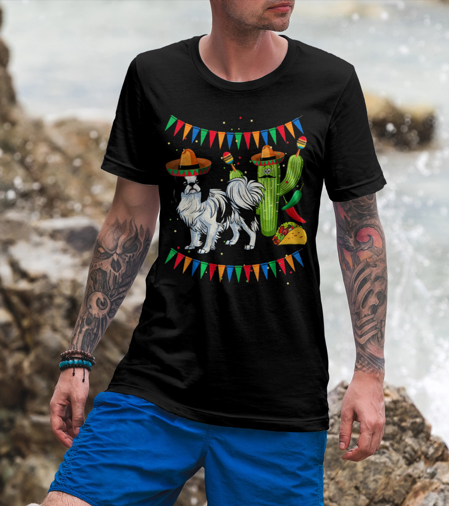 Sombrero Japanese Chin Dog With Cactus And Taco Celebration Mexico Cinco T-Shirt