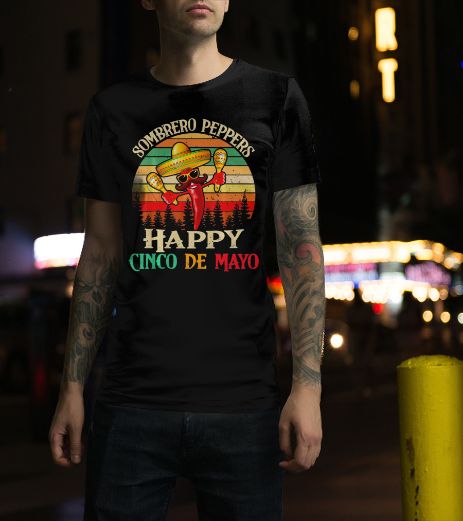 Sombrero Peppers Happy Cinco De Mayo Vintage Sunset T-Shirt