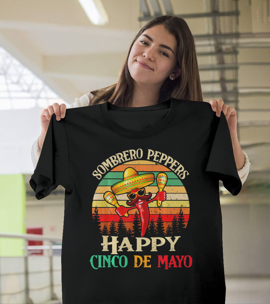 Sombrero Peppers Happy Cinco De Mayo Vintage Sunset T-Shirt
