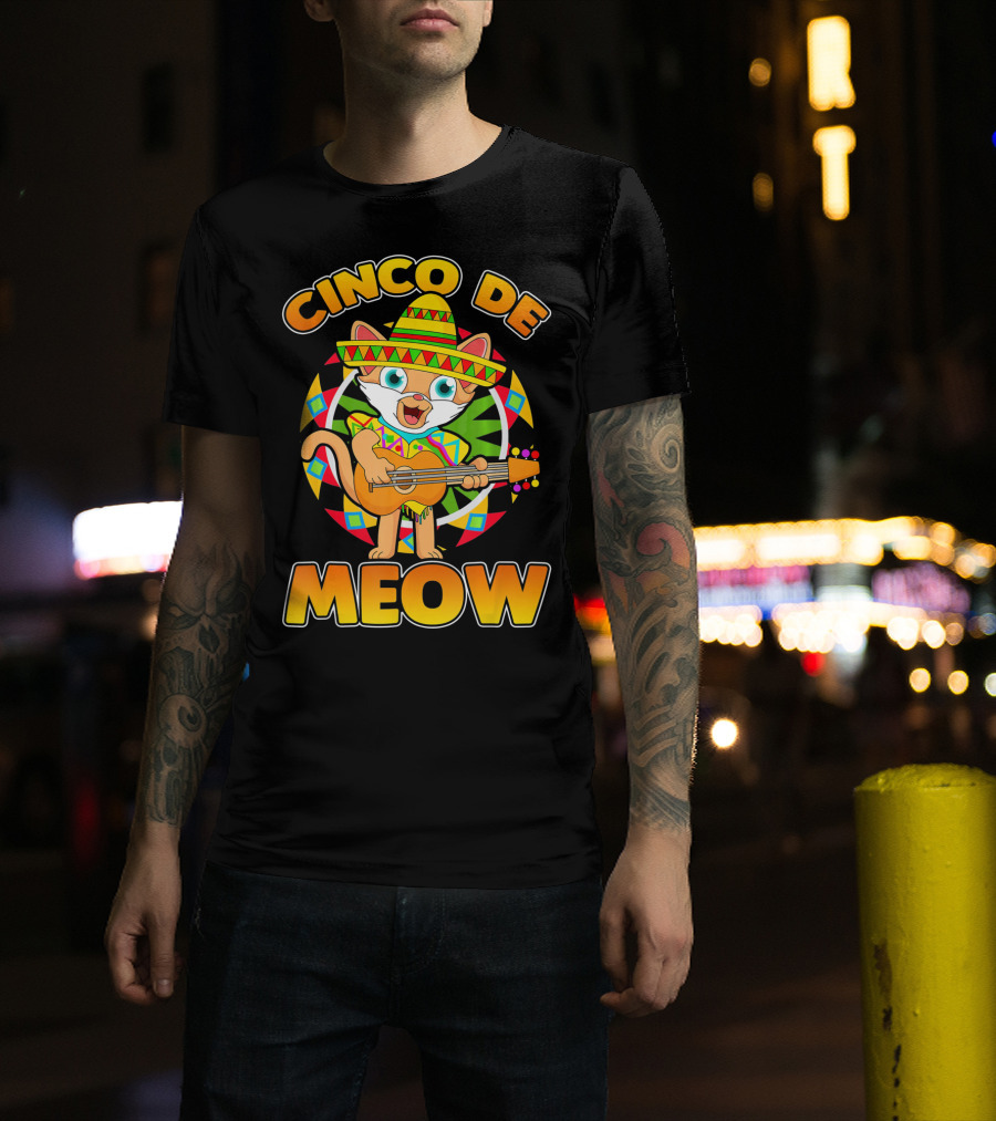Cinco De Meow Mexican Sombrero Cat Playing Guitar T-Shirt