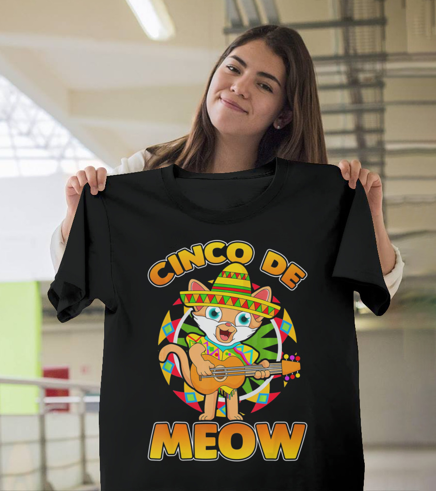 Cinco De Meow Mexican Sombrero Cat Playing Guitar T-Shirt